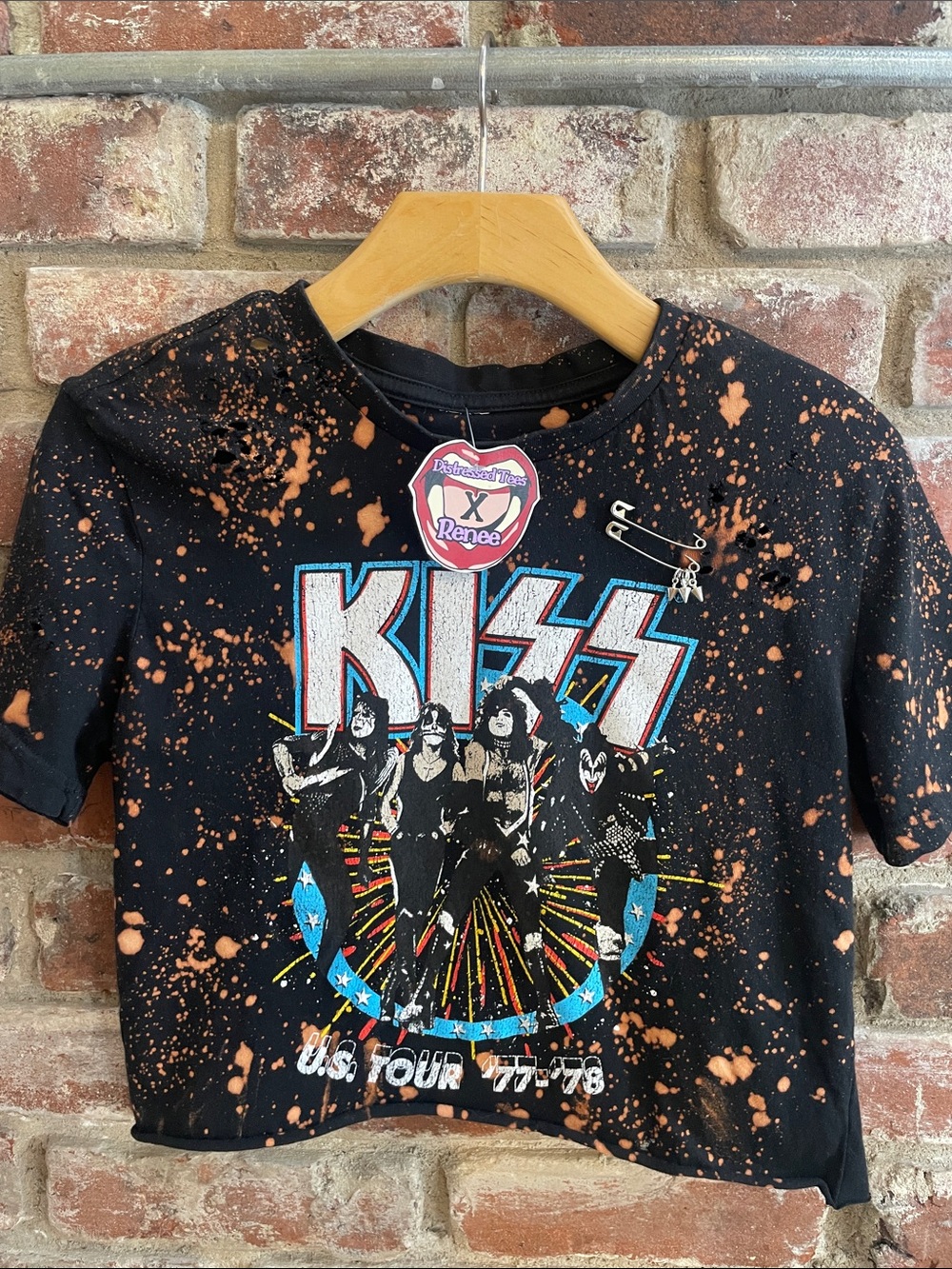 Kiss Black Tee with Orange Splatter and Multicolor Band Graphic